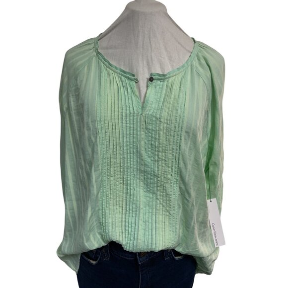 NWT Calvin Klein Light Green Gauze Cotton Pintuck Blouse Top Size XL - Picture 1 of 6